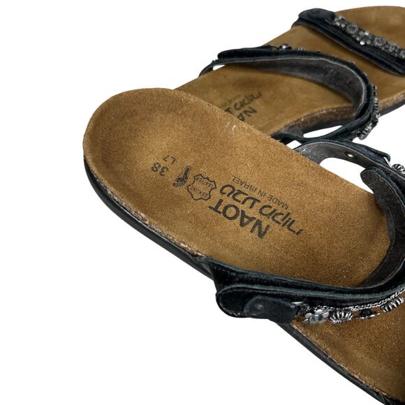 NAOT® Genuine Leather Black Slides Sandals w/Flower Rhinestone Studs 7M 38 EU - Picture 2 of 6